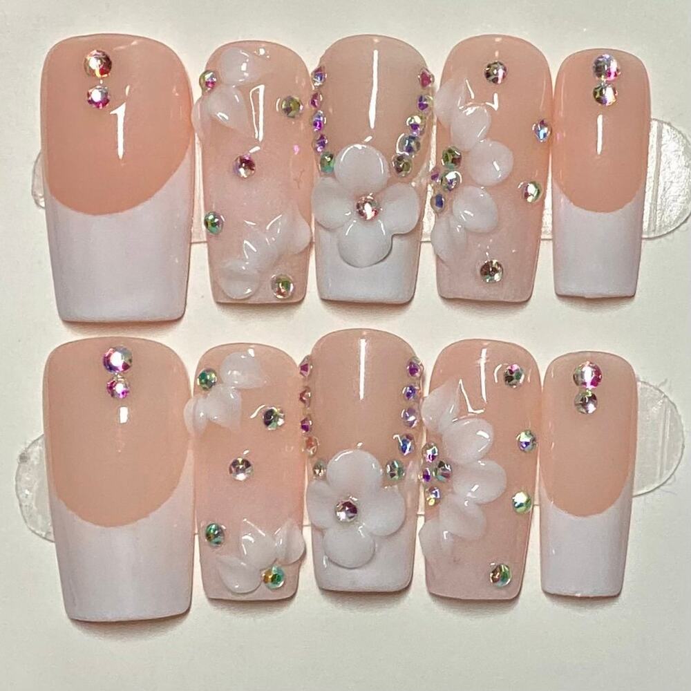 White 3D Flower Gem French Tip Handmade Square Press On Nails Large